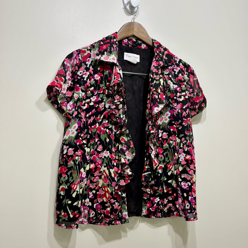 TanJay Petites Floral Ruffle Open Front Short Sleeve Cardigan Blouse Top 6P - Picture 2 of 8